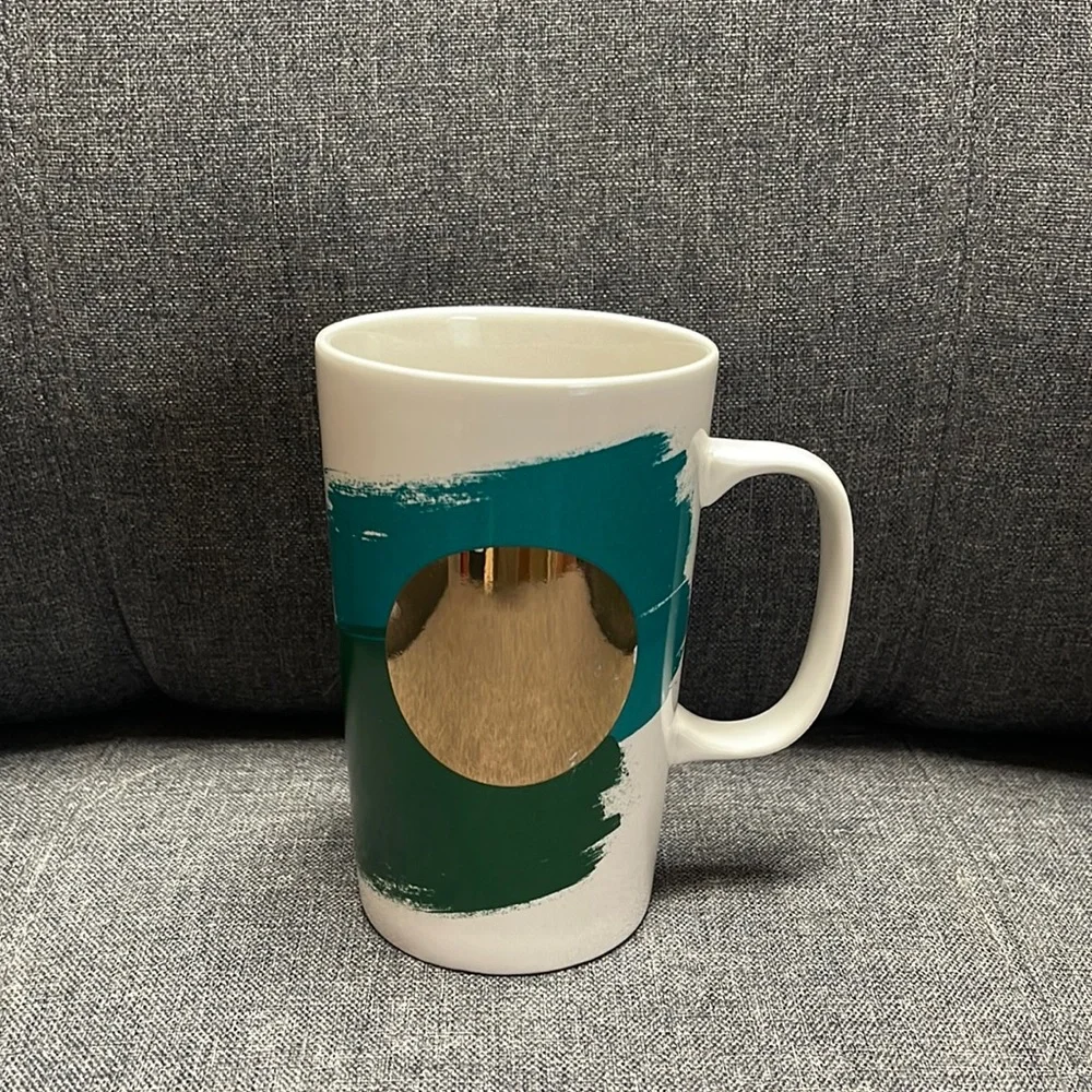 Starbucks 2014 Gold Dot Collection Mug- Green Brush Strokes